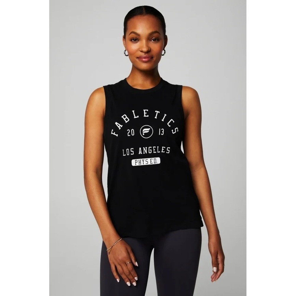 Fabletics Womens 100% Cotton Tank Top Large Athletic Gym‎ Muscle Black Graphic